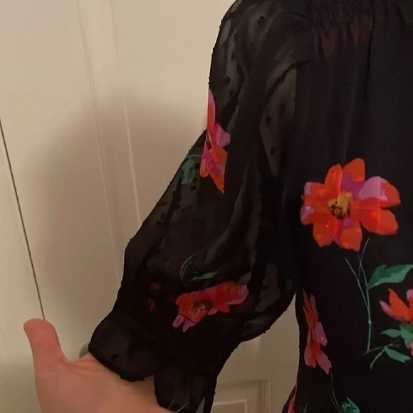 DKNY Dress Size 8 Navy Floral Chiffon Tie Neck Short Sleeve - Picture 12 of 12